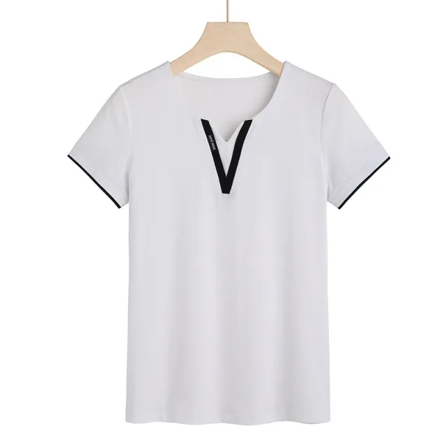 Early Spring And Summer Short sleeved Undershirt V neck Patchwork Fashion White - Shop at LoveMi