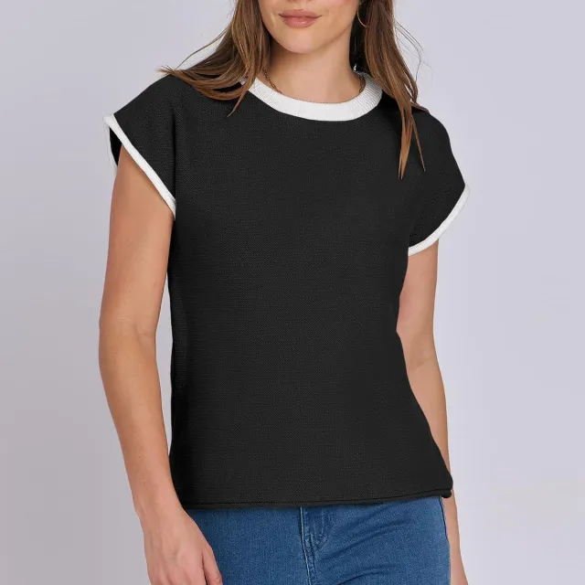 Women's Round Neck Knitted Top Casual Striped Contrast Color Sweater Solid Black - Shop at LoveMi