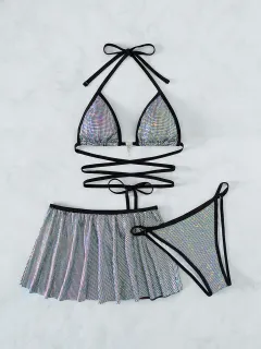 Three-piece Special Fabric Rope Slim Beach Bikini - Silver - View 1