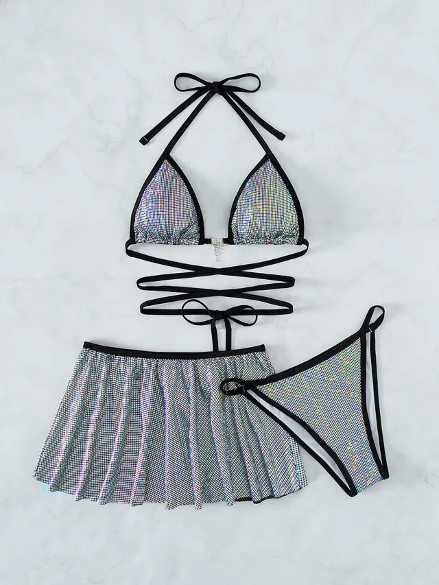 Three piece Special Fabric Rope Slim Beach Bikini Silver - Shop at LoveMi