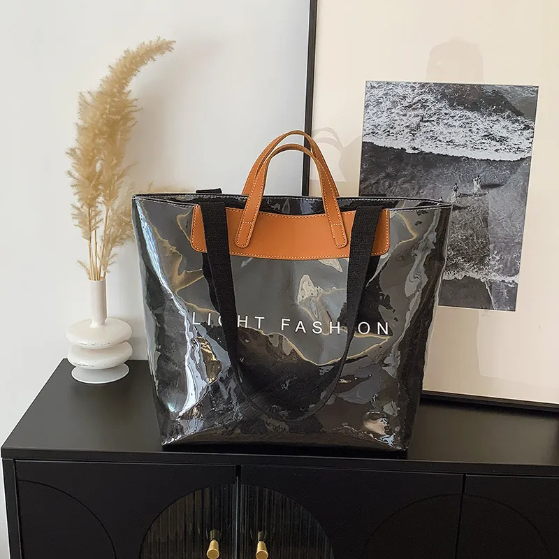 Fashion Tote Bag Special Texture Sewing Line Letter Shoulder Bag - Black