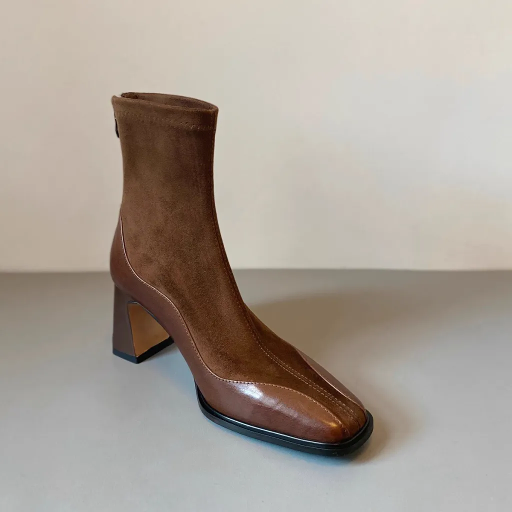 Retro New Chunky Heel High Heel Short Boots Women - Brown