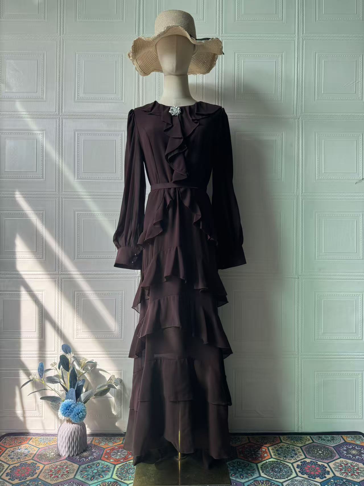 Elegant Ruffled Long sleeve Waist cinched Maxi Dress Brown - Shop at LoveMi