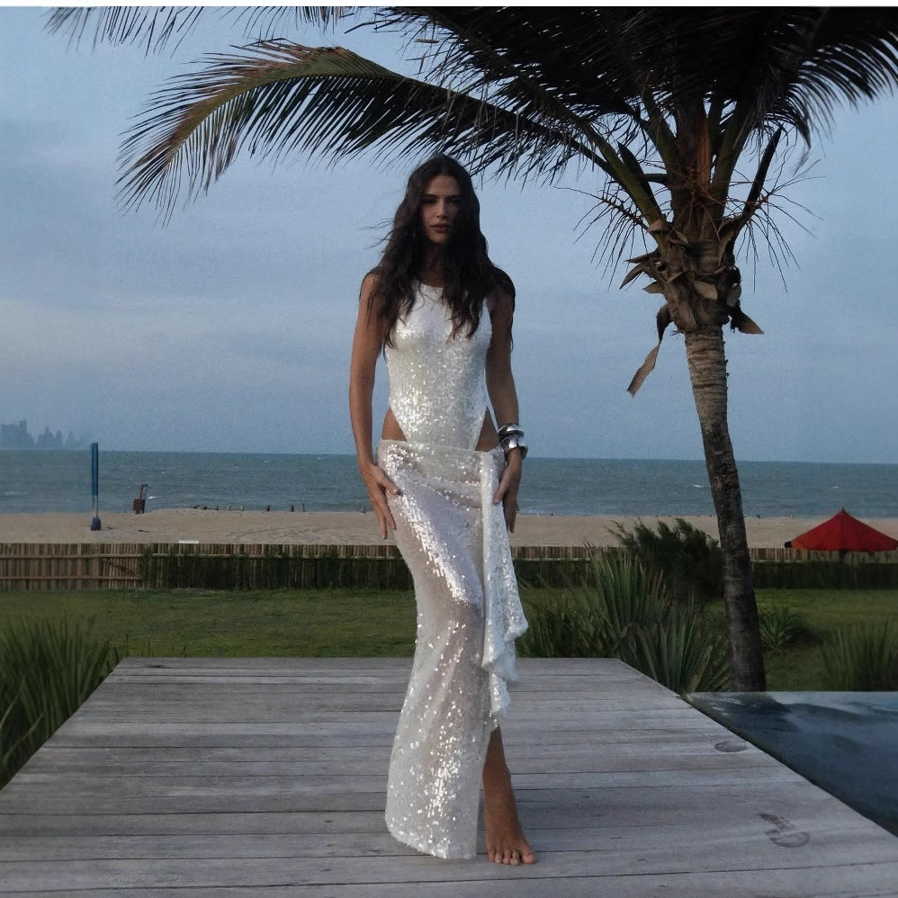 Spring And Summer Fashion Sequin Sleeveless Split Midriff Outfit Two-way Jumpsuit Skirt