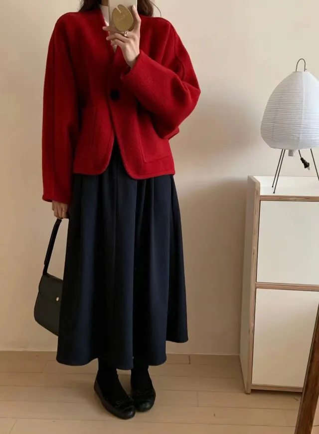 Korean Round Neck Woolen Coat Red - Shop at LoveMi