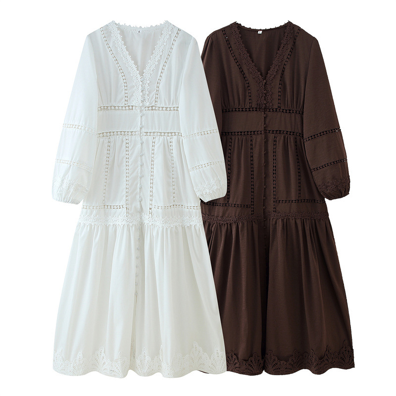 Design Sense Hollow Out V-neck Lace Trim Long Sleeve Loose Dress