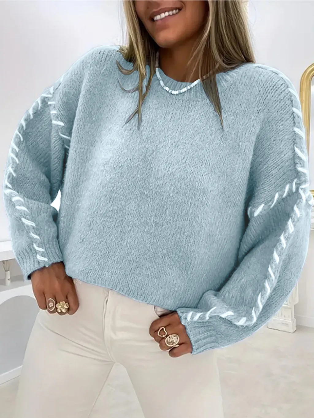Spring And Autumn Fashion Solid Color Round Neck Long Sleeve Loose Knitted Sweater - Mint Green