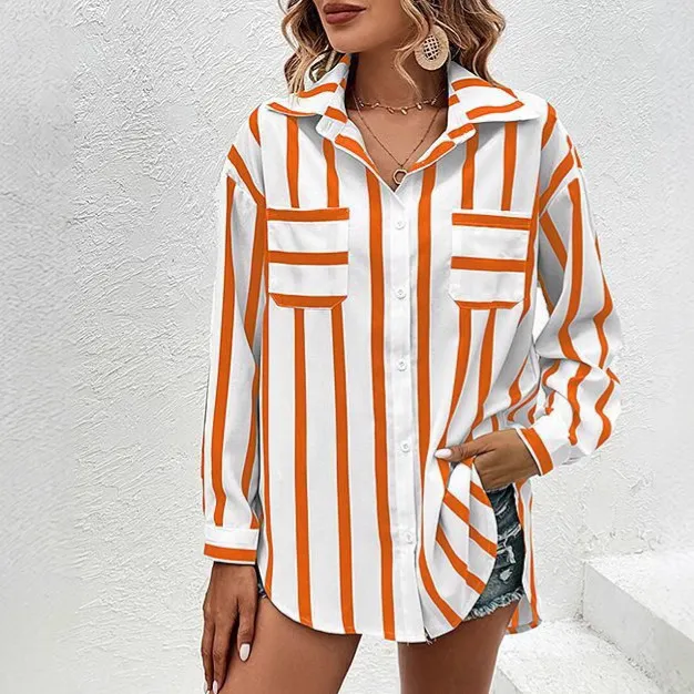 Fashion Vertical Stripes Multi color Shirt Coat Women Orange - Shop at LoveMi