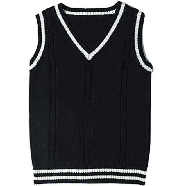 Women's Waistcoat V neck Striped Stitching Casual Knitted Sweater Black - Shop at LoveMi
