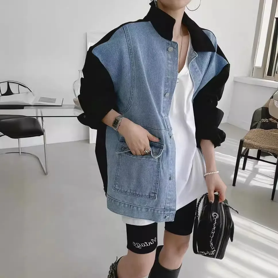 All-matching Fashion Colour Contrast Stitching Denim Baggy Coat Women - Black