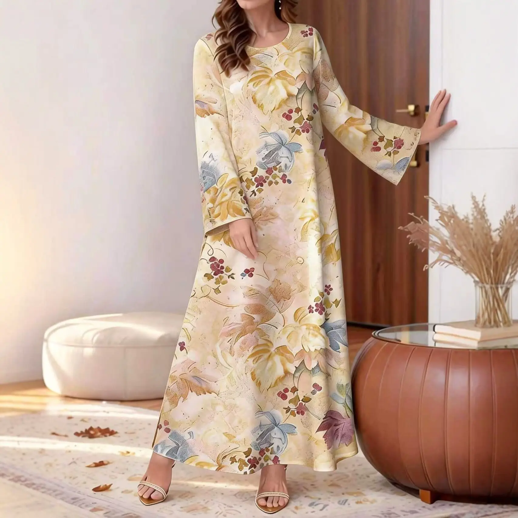 Floral-print Long-sleeve Dress Womens Loose-fit