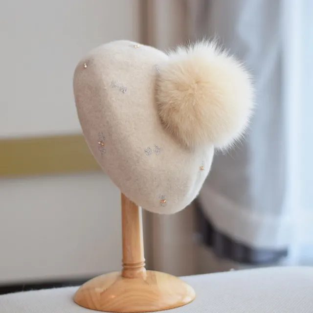 Women's Autumn And Winter Fox Fur Ball Vintage Wool Hat Beige - Shop at LoveMi