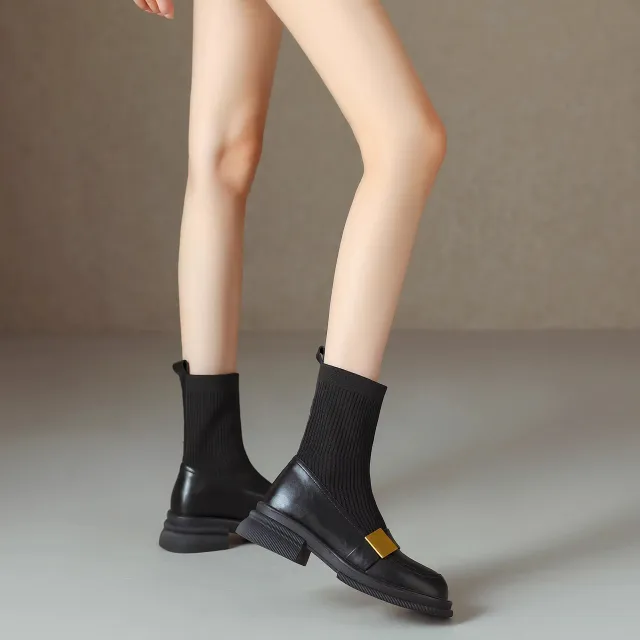 Knitted Stretch Chunky Heel Retro Women's Ankle Boots Black - Shop at LoveMi