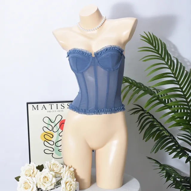 Sexy Sheer Bustier With Backless Design And Corset Boning Gray And Blue - Shop at LoveMi