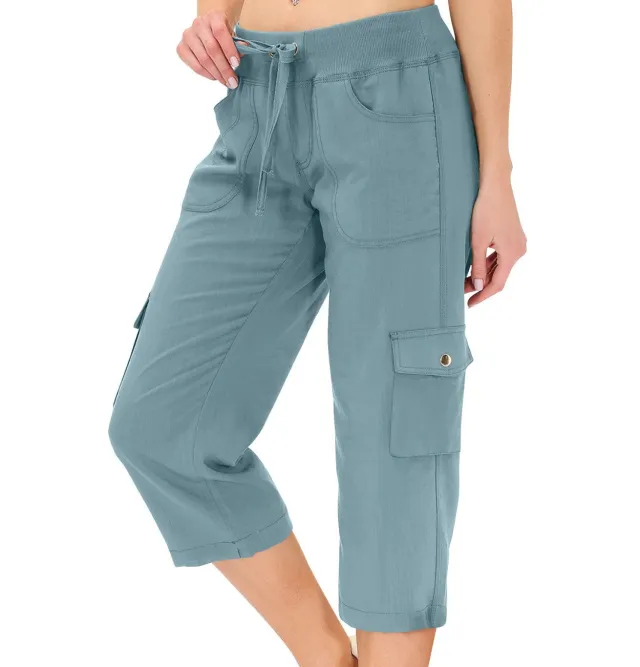 Women's Solid Color Drawstring Fitness Running Cropped Pants Sky Blue - Shop at LoveMi