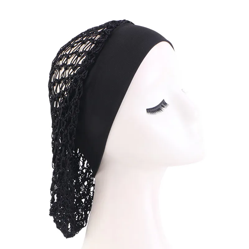 Elastic Wide-brimmed Hair Net Head Cover Hand Crocheted Hair Net - Black