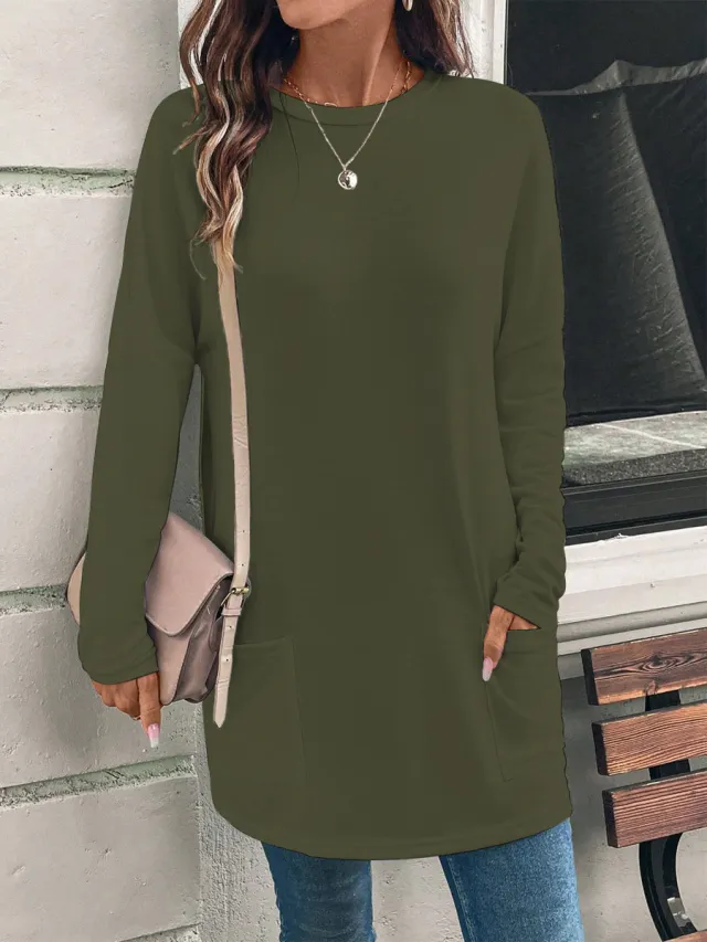 Women's Solid Color Long Sleeve Loose Round Neck Pocket Top T shirt Green - Shop at LoveMi