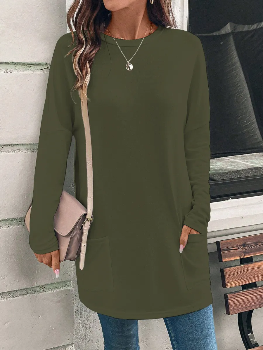 Women's Solid Colour Long Sleeve Loose Round Neck Pocket Top T-shirt - Green