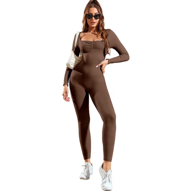 Pure Color Tight Yoga Bodysuit Women's Long sleeved Sports Cropped Trousers Women Brown - Shop at LoveMi