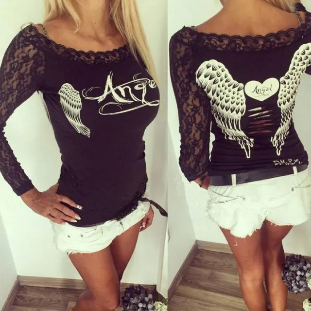 Angel Wings Heart shaped Printed Lace Burning Flower All match T shirt B434 Black - Shop at LoveMi