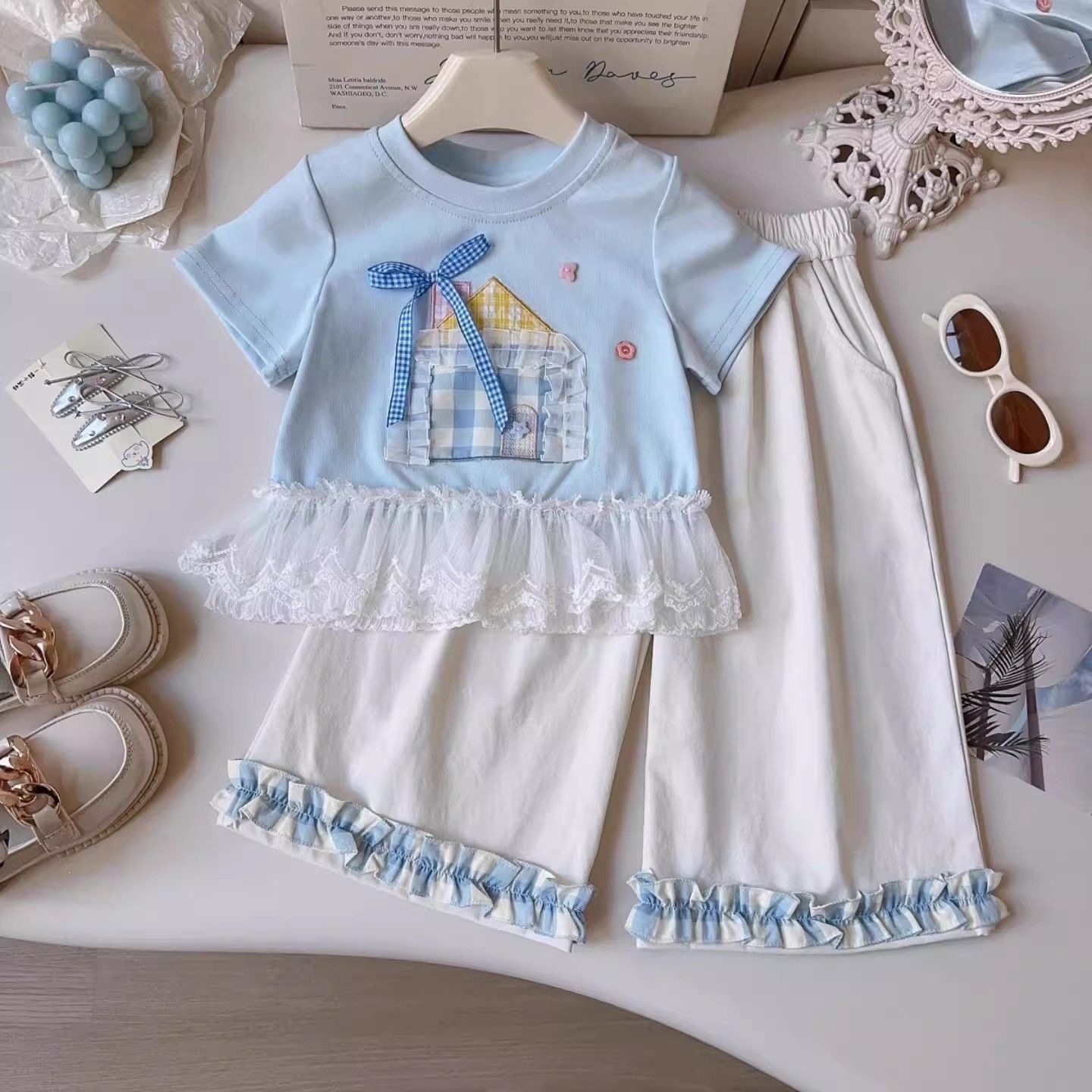 Girls' Lace-trimmed Short-sleeve Casual Set