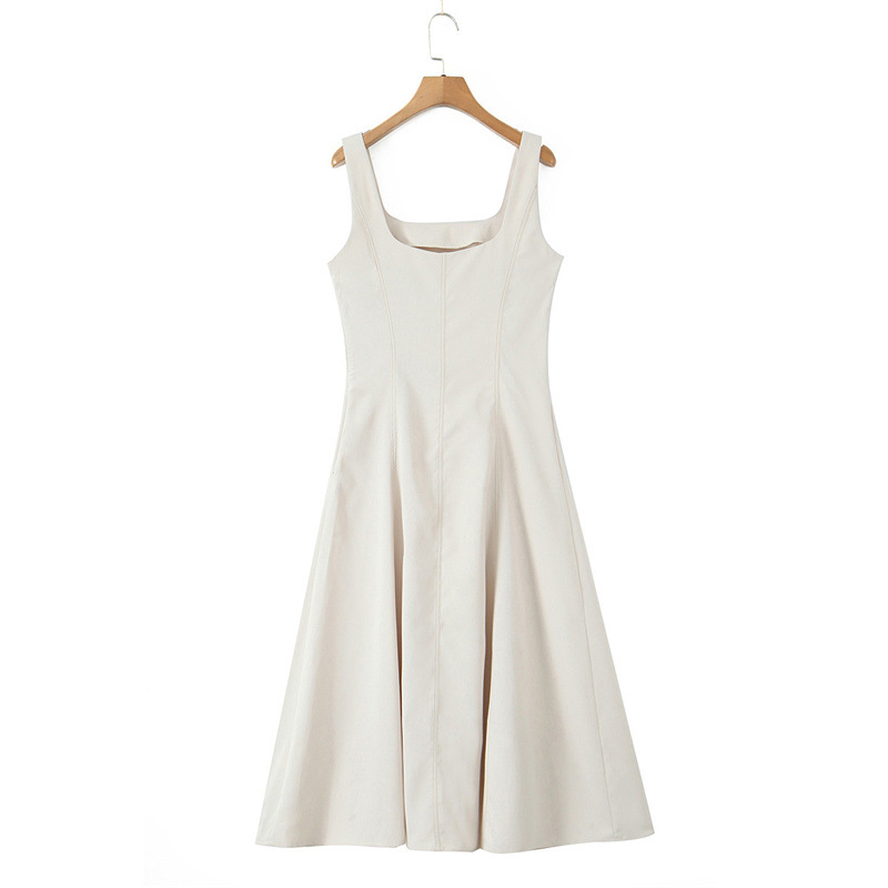 European And American Style Solid Color Slim Fit Slimming Spaghetti Straps Sleeveless Large Swing Skirt