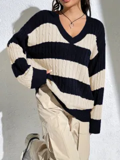 Contrast Color V-neck Loose-fitting Long Sleeve Sweater Women - Sapphire Blue Apricot - View 1