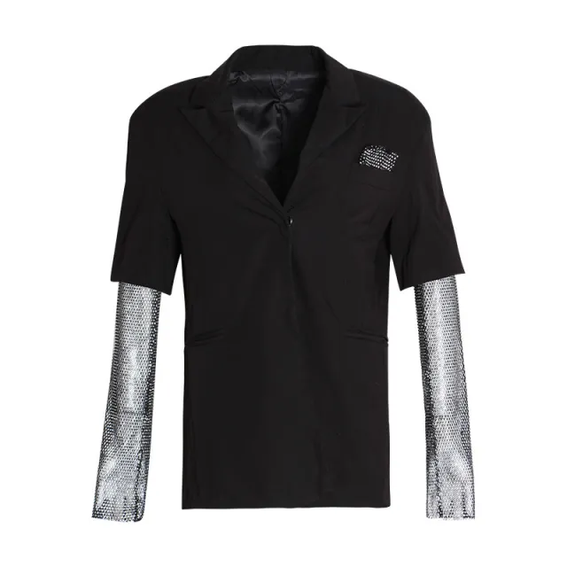 British Style Elegant Hot Bead Net Small Suit Stitching Long Sleeve Small Suit Jacket Black - Shop at LoveMi