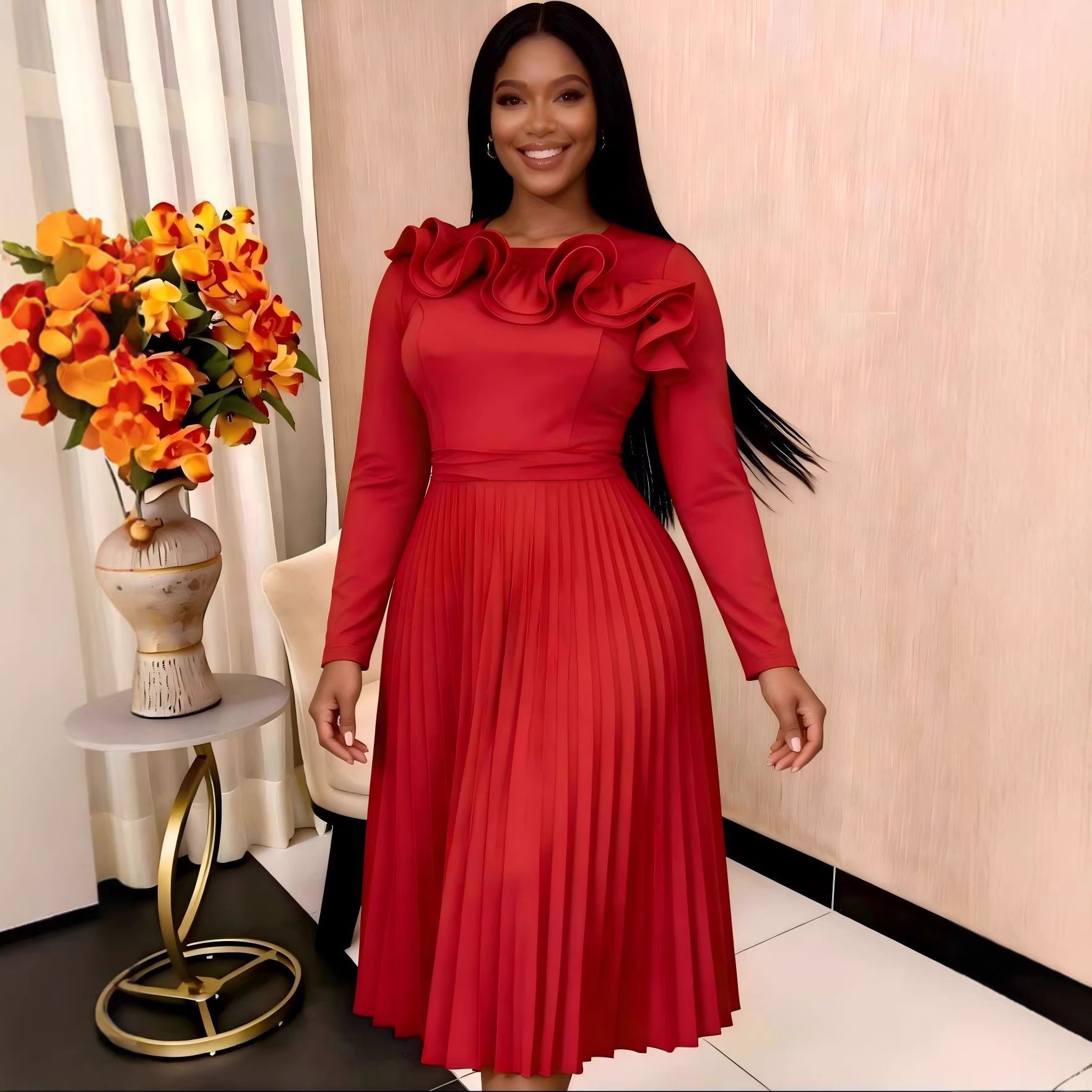 Lotus-leaf Collar Long-sleeve Crew-neck Elegant Dress