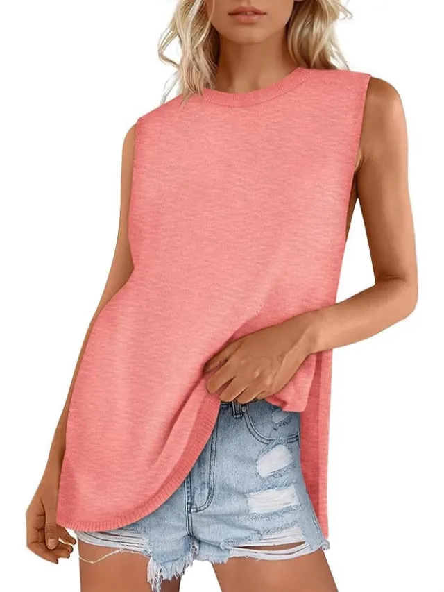 European And American Style Women Summer Vest Round Neck Sweater Casual Sleeveless Knitted Fashion Pink - Shop at LoveMi