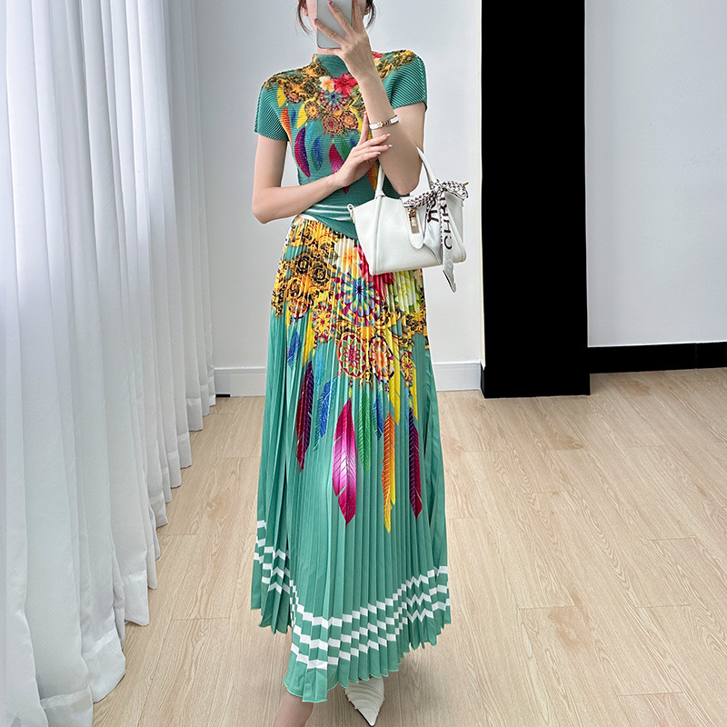 Women's Fashion Printed Pleated Skirt Suit