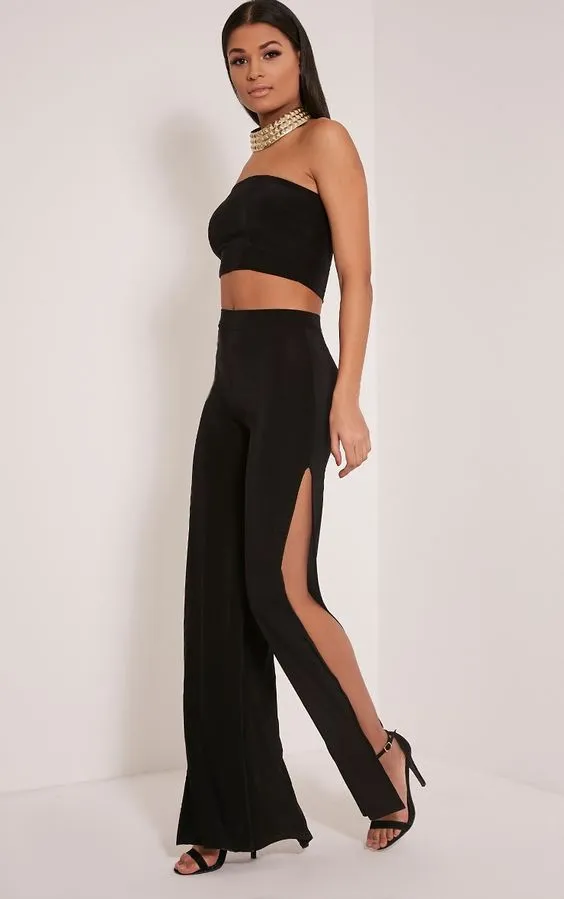Women's Large Slit Straight leg Trousers Pants Black - Shop at LoveMi