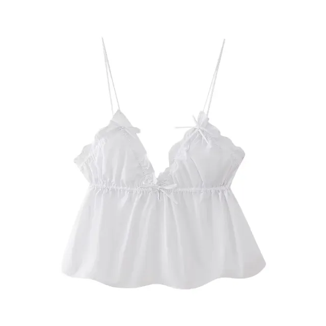 Fashion All matching Solid Color And V neck Bow Top White - Shop at LoveMi