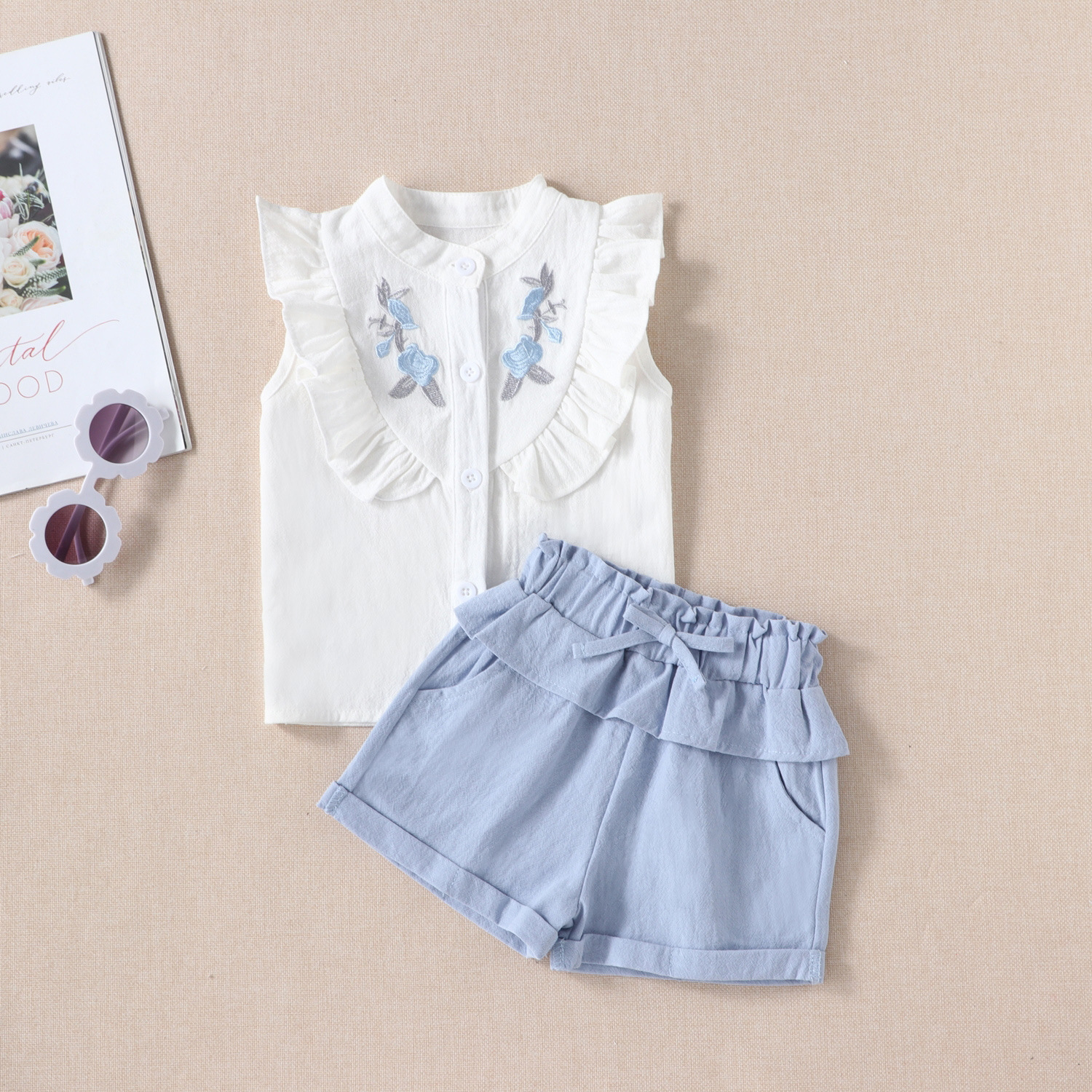 New Children's Summer New Sleeveless Embroidered Shirt Top Shorts Two-piece Set - Image 1
