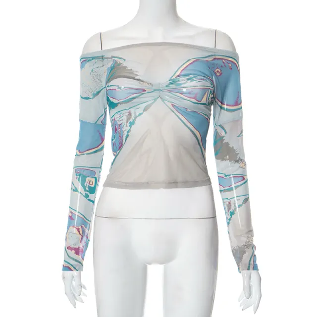 Women's Printed Long Sleeve Mesh Transparent Top Blue - Shop at LoveMi