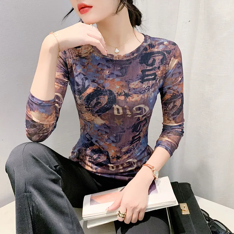 Fall Winter Fashion Voile Printed Long Sleeve Round Neck Slim-fit Tops - Picture Color-M