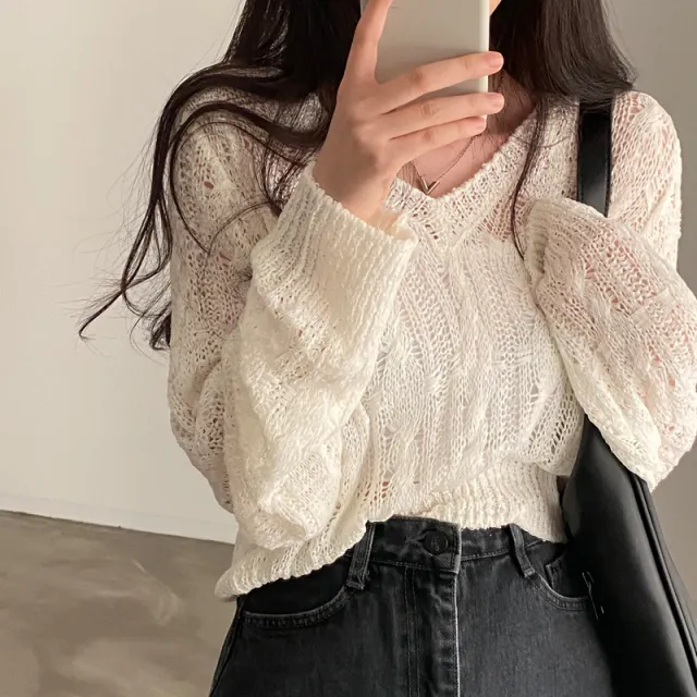 Retro V neck Thin Cropped Pullover Sweater Beige - Shop at LoveMi