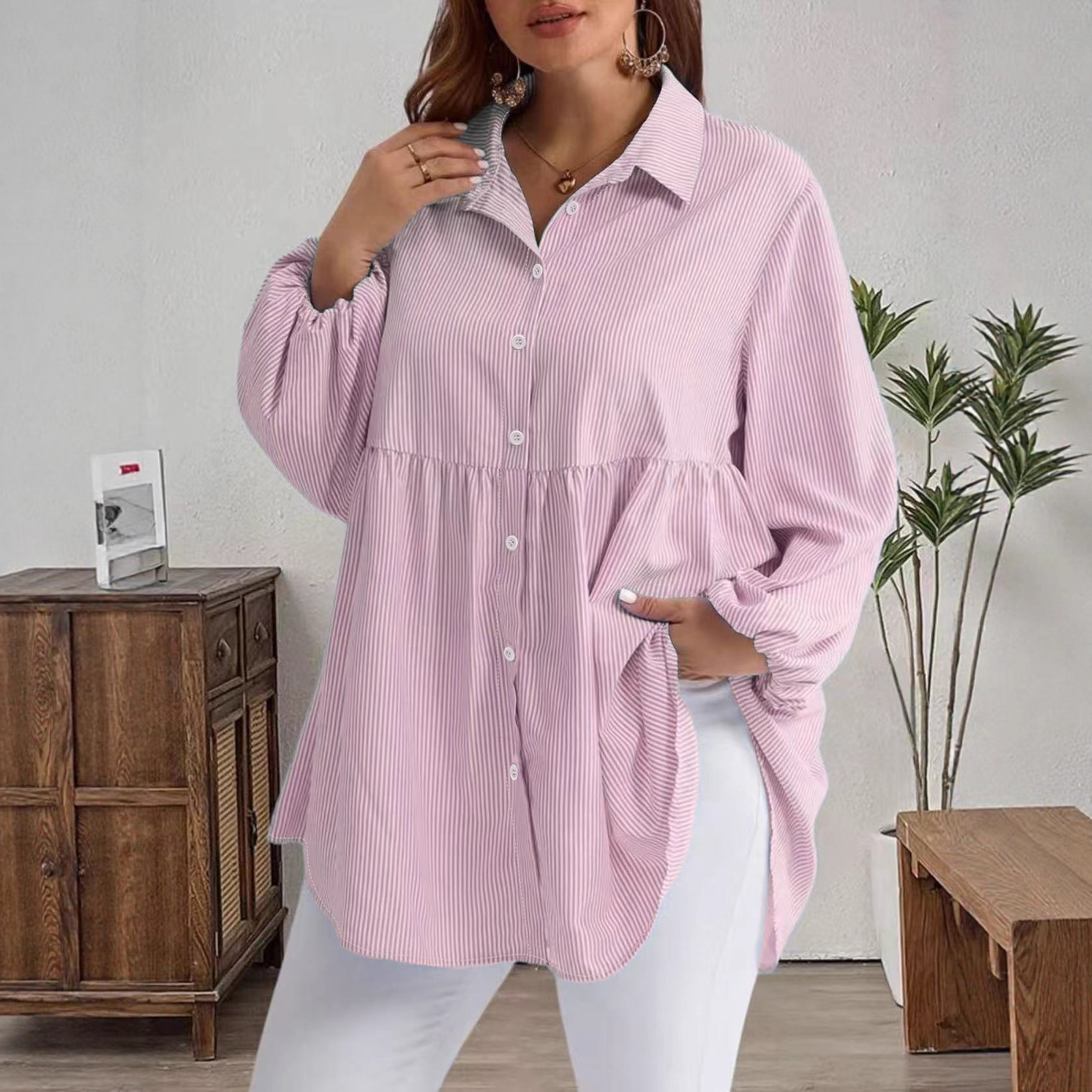 Striped Casual Loose-fitting Long-sleeve Lapel Shirt