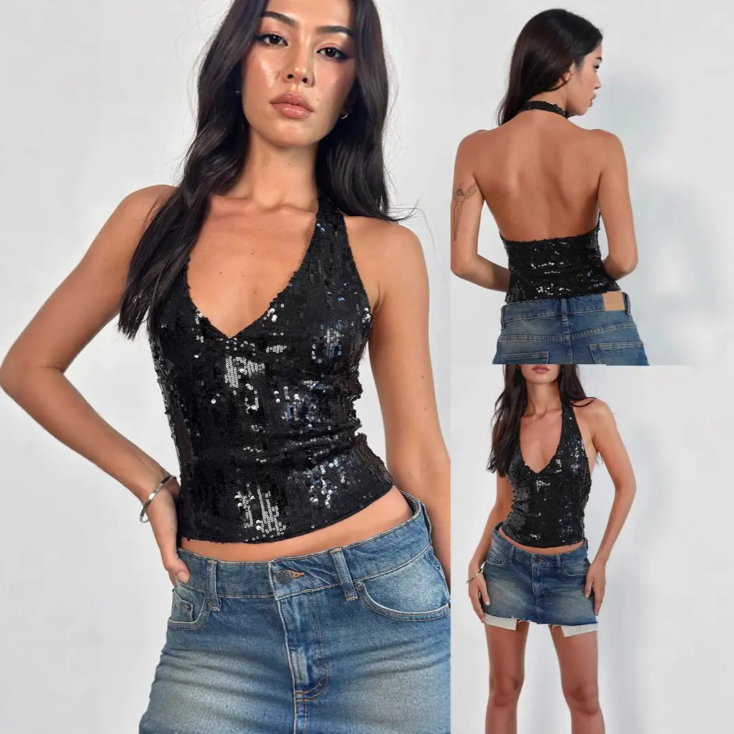 Sequin Light Mature Sexy V-Neck Vest