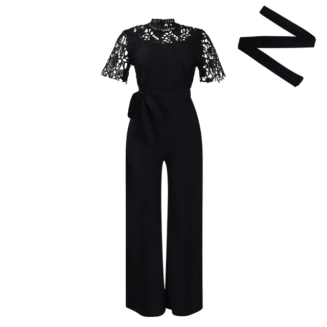 Sexy Lace Hollow out Short sleeve Tie waist High waist Wide leg Jumpsuit Black - Shop at LoveMi