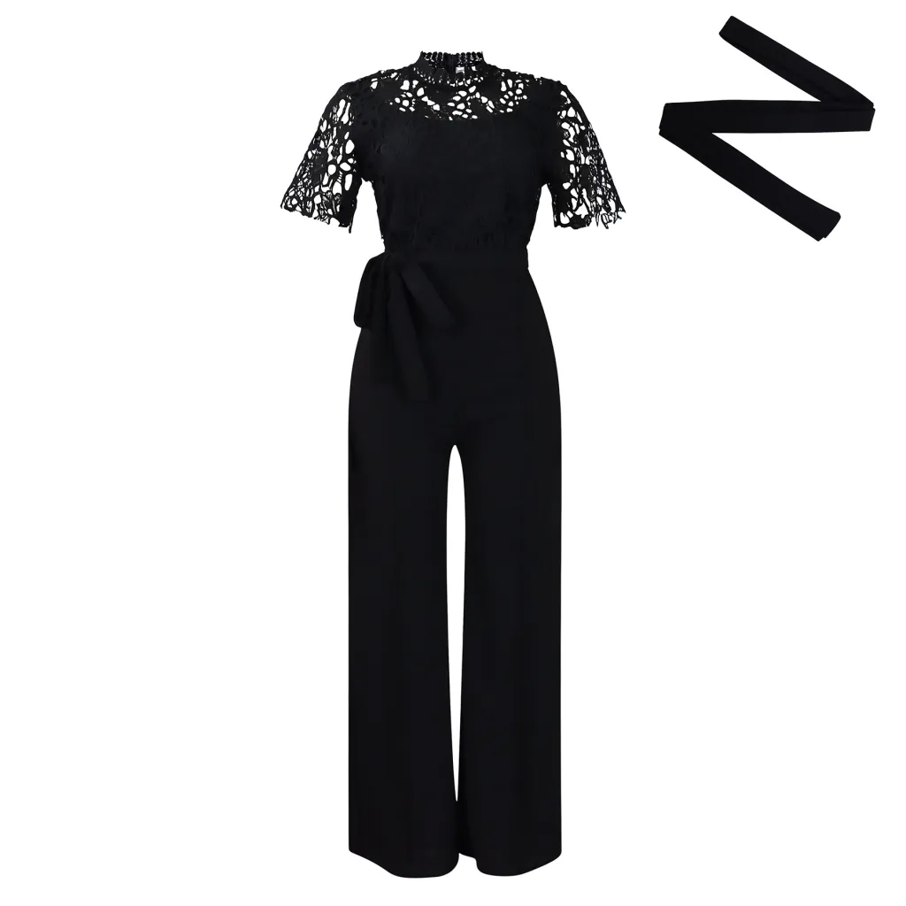 Sexy Lace Hollow-out Short-sleeve Tie-waist High-waist Wide-leg Jumpsuit - Black