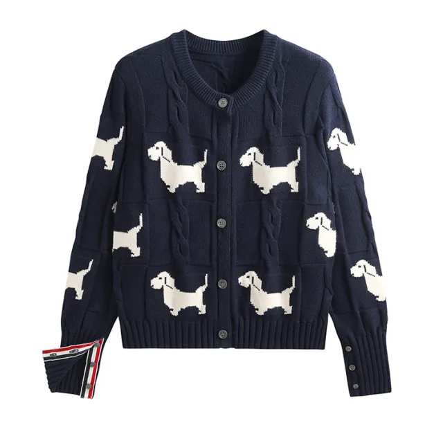 Design Dog Jacquard Twist Lazy Round Neck Knitted Cardigan Navy - Shop at LoveMi