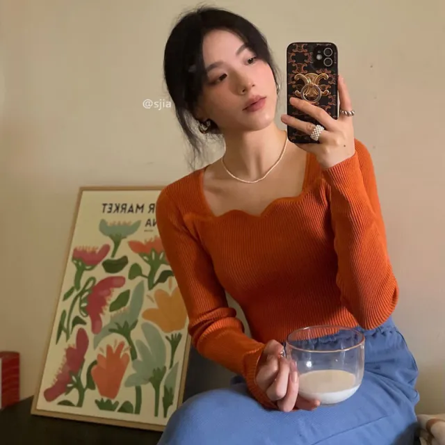Square Collar Wavy Edge Ribbing Bottoming Sweater Women Coral Orange - Shop at LoveMi