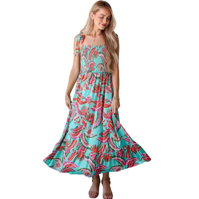 Abstract Smocking Long Dress Summer New Square Collar Sleeveless Green - Shop at LoveMi