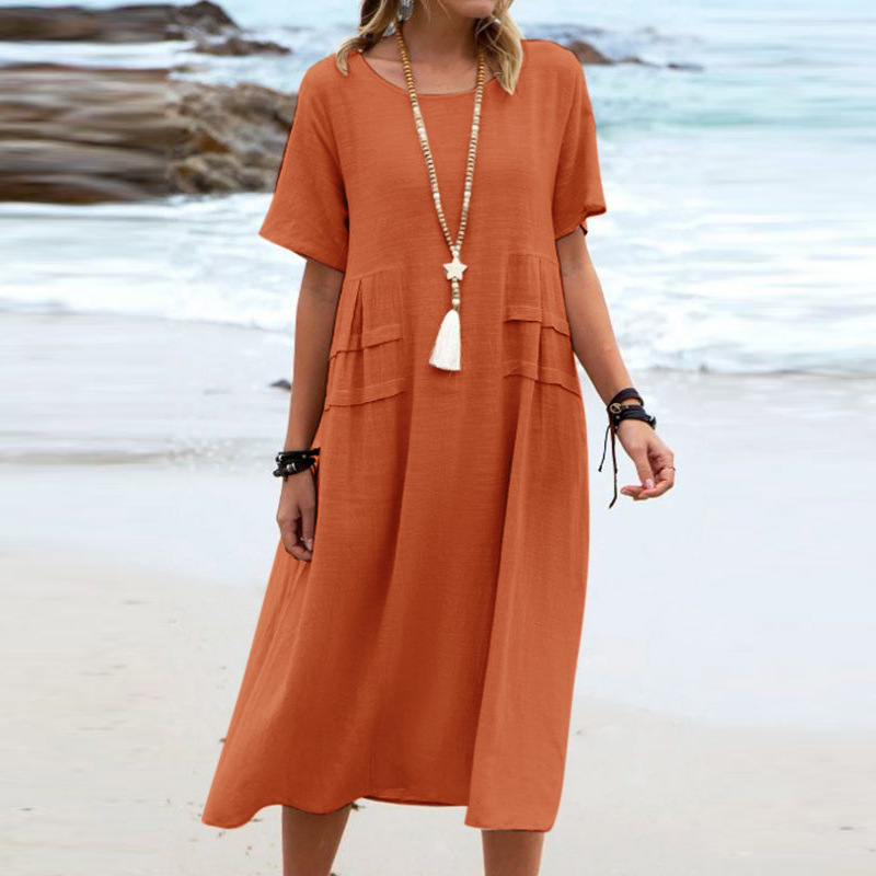 Women's Summer Loose Casual Breathable Cotton Linen Short-sleeve Midi Dress - Picture 7 of 8