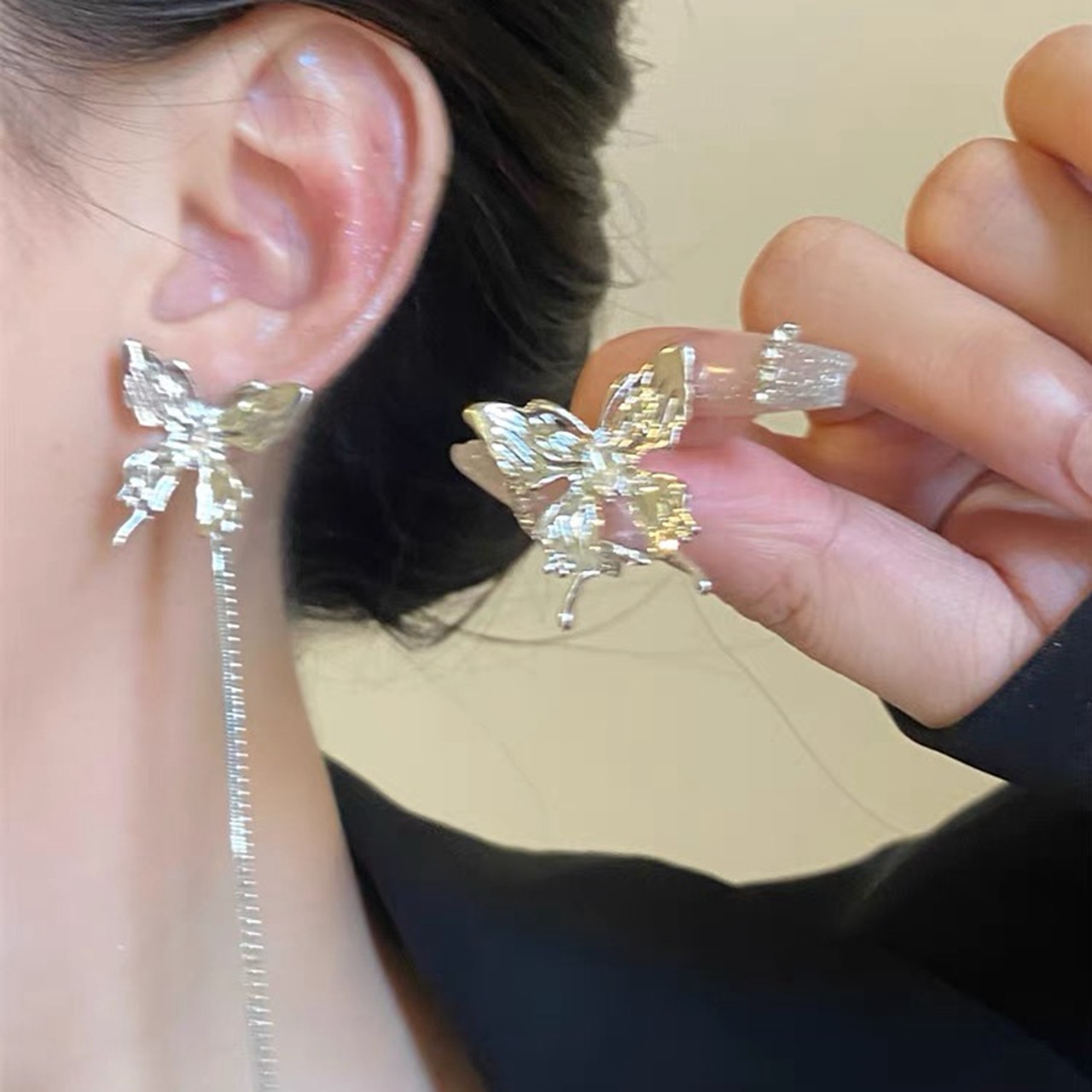 Metal Asymmetric Butterfly Tassel Stud Earrings