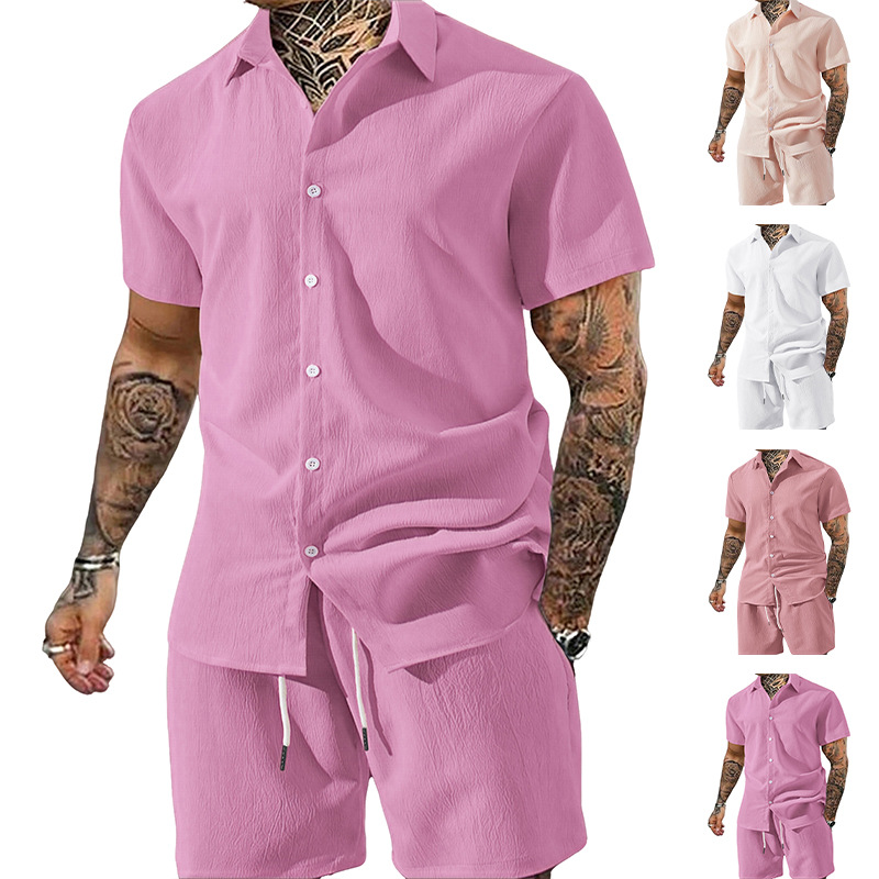 Men's Solid Color Lapel Short-Sleeve Shirt And Shorts Set