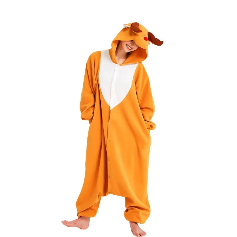 Cute Thick Warm Loungewear Polar Fleece Christmas Deer - Orange Christmas Deer