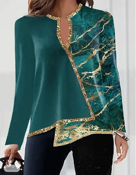 Women's V-neck Fashion Irregular Hem Long Sleeved Fitted T-shirt - 1 Style-3Xl