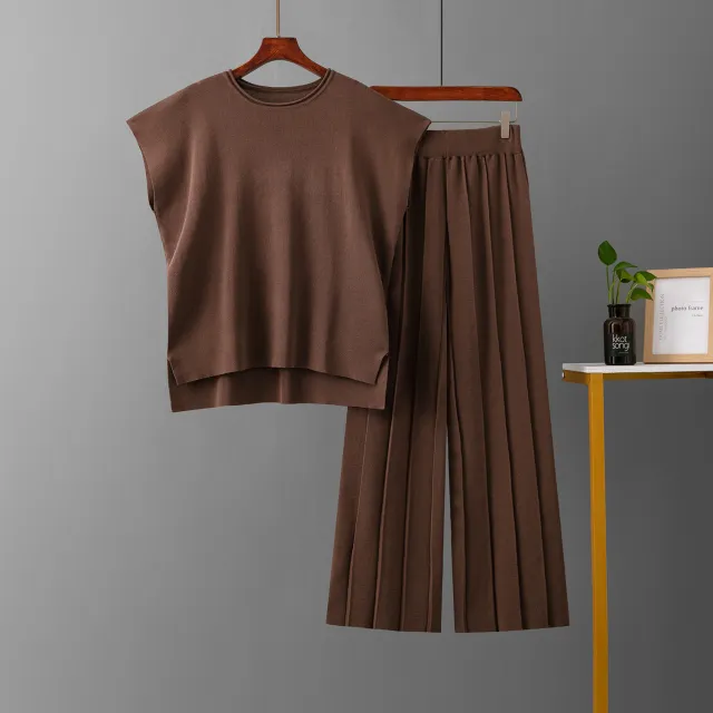 Sleeveless Vest Knit Wide leg Pants Plus size Ice Silk Set Brown - Shop at LoveMi
